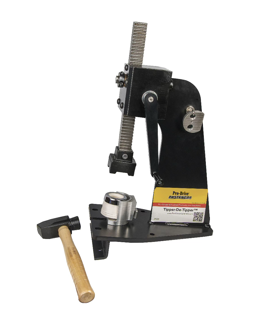 TIPPER de Tipper Series 5 tool shown with a flooring mallet — used to change E-Z 2CAP mallet caps in 30 seconds or less.