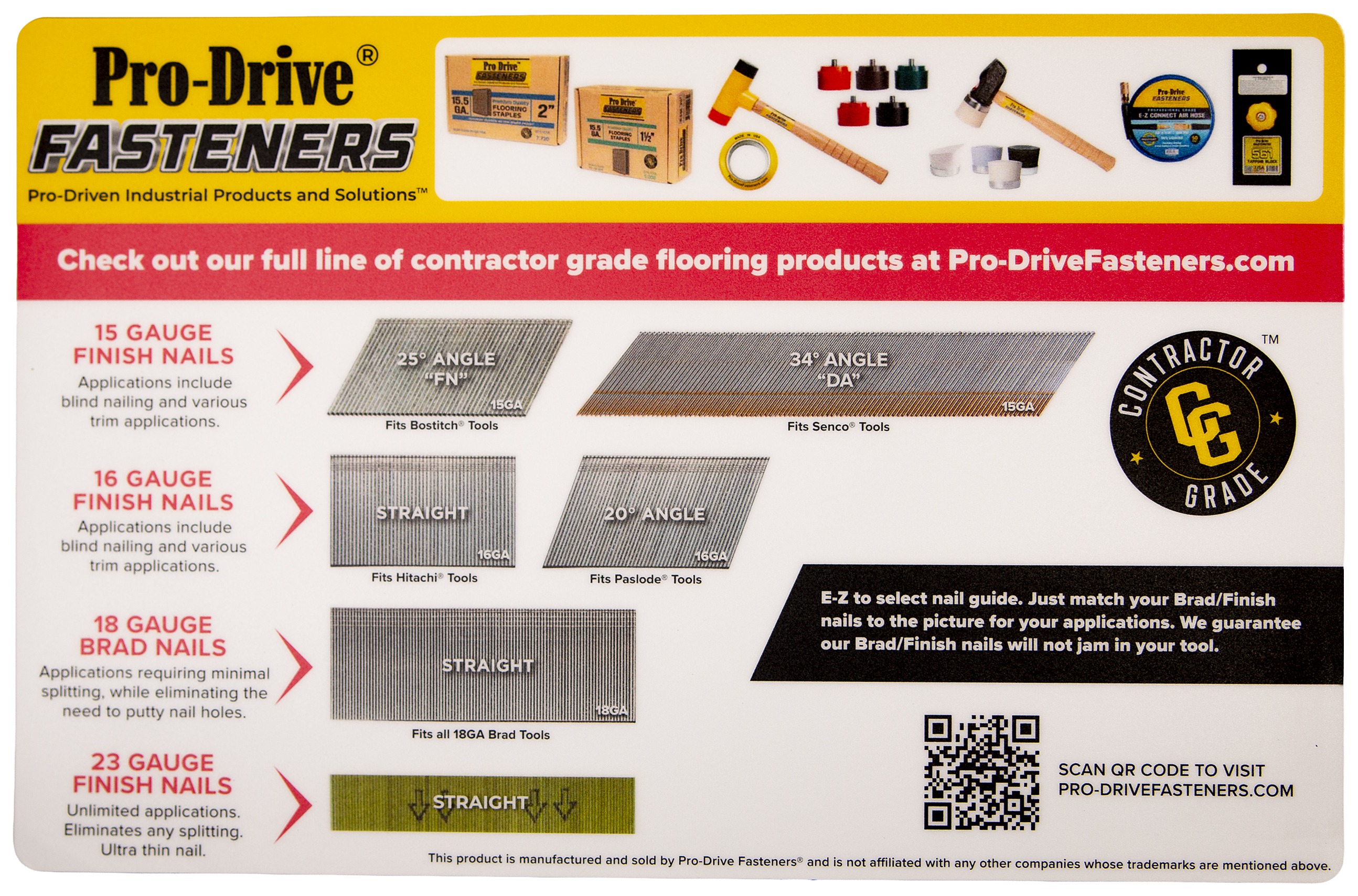 English-language Pro-Drive Fasteners® counter mat chart showing 15 GA 25° FN and 34° DA finish nails, 16 GA straight and 20° angle finish nails, 18 GA brads and 23 GA micro pins, each matched to the tool brand it fits.